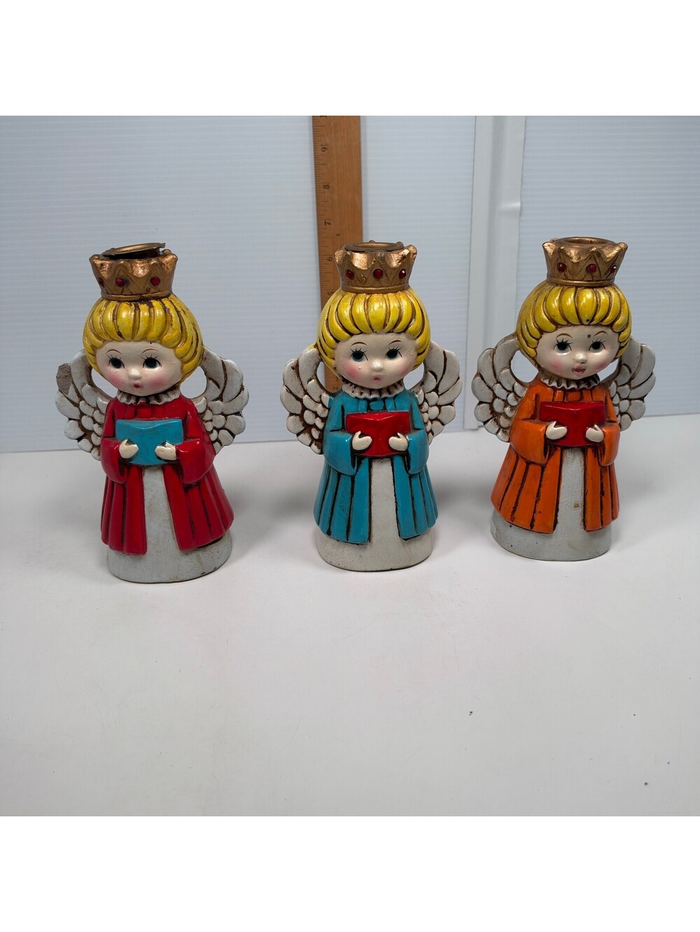Vintage Homco Angel Candle Holders Set of 3 Singing Choir Crowns Taiwan Kitsch